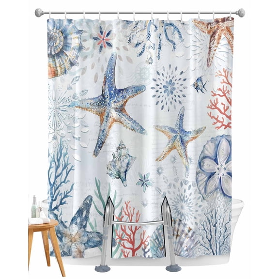 Split Shower Curtain for Transfer Bench, Ocean Starfish Fabric Shower Curtains for Bathroom, Summer Coastal Coral Flower Shells Tub Sliding Transfer Bench Waterproof Bath Curtains 72"x72"