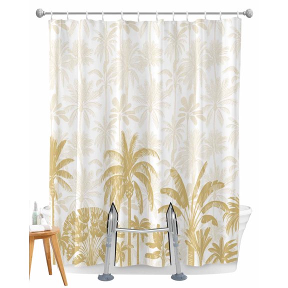 Split Shower Curtain for Transfer Bench, Palm Trees Fabric Shower Curtains for Bathroom, Yellow Tropical Plants Summer Forest Scenery Tub Sliding Transfer Bench Waterproof Bath Curtains 72"x78"