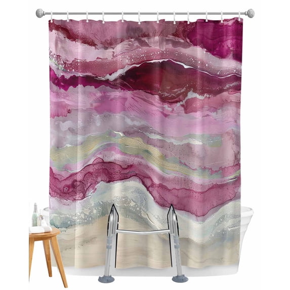 Split Shower Curtain for Transfer Bench, Pink Coastal Fabric Shower Curtains for Bathroom, Summer Beach Nautical Abstract Art Tub Sliding Transfer Bench Waterproof Bath Curtains 72"x96"