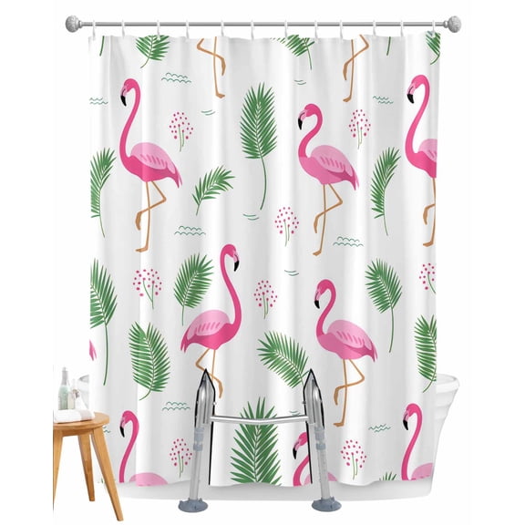 Split Shower Curtain for Transfer Bench, Pink Flamingos Fabric Shower Curtains for Bathroom, Summer Green Tropical Palm Leaves Tub Sliding Transfer Bench Waterproof Bath Curtains 72"x72"