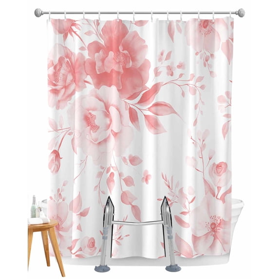 Split Shower Curtain for Transfer Bench, Pink Floral Art Fabric Shower Curtains for Bathroom, Watercolor Botanical Spring Flowers Tub Sliding Transfer Bench Waterproof Bath Curtains 72"x84"