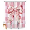 thumbnail image 1 of Split Shower Curtain for Transfer Bench, Pink Floral Print Fabric Shower Curtains for Bathroom, Checkered Bow Rose Flower Gingham Tub Sliding Transfer Bench Waterproof Bath Curtains 72"x84", 1 of 9