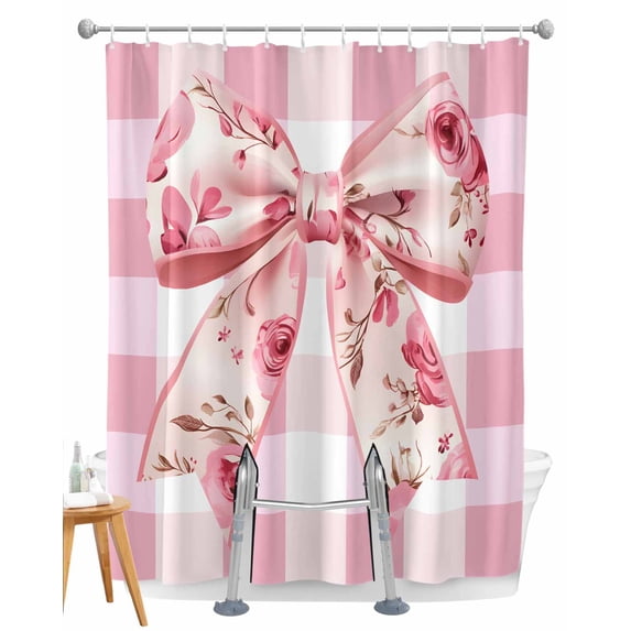 Split Shower Curtain for Transfer Bench, Pink Floral Print Fabric Shower Curtains for Bathroom, Checkered Bow Rose Flower Gingham Tub Sliding Transfer Bench Waterproof Bath Curtains 72"x84"