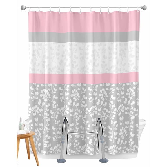 Split Shower Curtain for Transfer Bench, Pink Grey Fabric Shower Curtains for Bathroom, Chic Garden Floral Stripe Aesthetic Flower Boho Tub Sliding Transfer Bench Waterproof Bath Curtains 72"x72"
