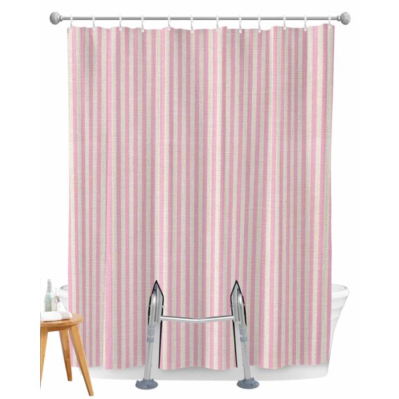 Split Shower Curtain for Transfer Bench, Pink Striped Fabric Shower Curtains for Bathroom, Modern Simple Farmhouse Beige Vintage Tub Sliding Transfer Bench Waterproof Bath Curtains 72"x72"