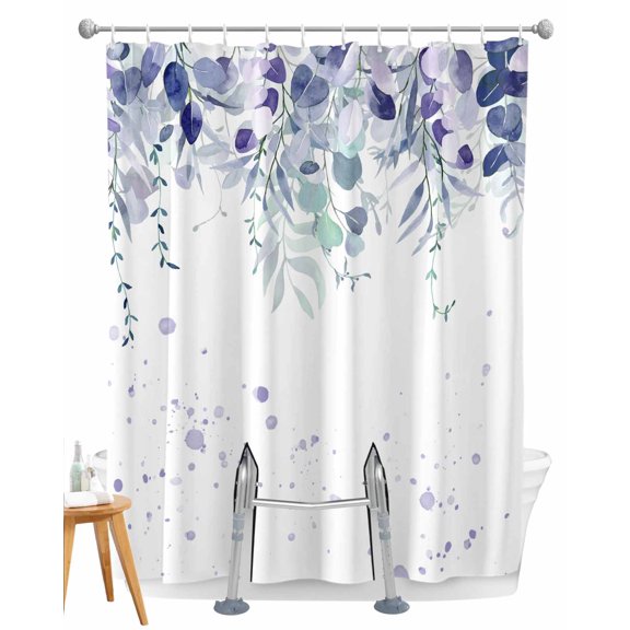 Split Shower Curtain for Transfer Bench, Purple Botanical Fabric Shower Curtains for Bathroom, Spring Weeping Eucalyptus Leaves Tub Sliding Transfer Bench Waterproof Bath Curtains 72"x72"