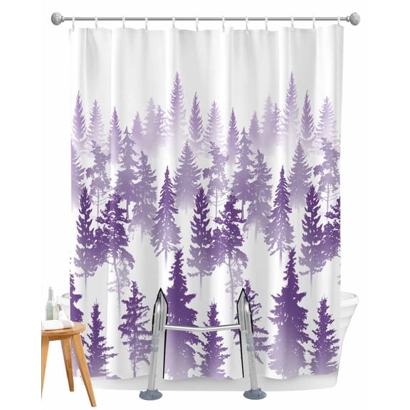 Split Shower Curtain for Transfer Bench, Purple Forest Fabric Shower Curtains for Bathroom, Contemporary Silhouette Abstract Art Tub Sliding Transfer Bench Waterproof Bath Curtains 72"x72"