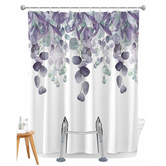 Split Shower Curtain for Transfer Bench, Purple Green Eucalyptus Fabric Shower Curtains for Bathroom, Watercolor White Botanical Tub Sliding Transfer Bench Waterproof Bath Curtains 72"x72"