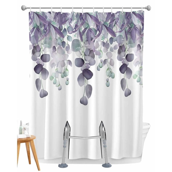 Split Shower Curtain for Transfer Bench, Purple Green Eucalyptus Fabric Shower Curtains for Bathroom, Watercolor White Botanical Tub Sliding Transfer Bench Waterproof Bath Curtains 72"x96"