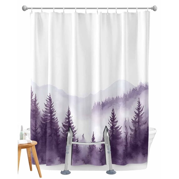 Split Shower Curtain for Transfer Bench, Purple Mist Forest Fabric Shower Curtains for Bathroom, Simple Trees Mountains Landscape Tub Sliding Transfer Bench Waterproof Bath Curtains 72"x78"