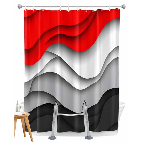 Split Shower Curtain for Transfer Bench, Red Black Ombre Fabric Shower Curtains for Bathroom, Modern Abstract Moire Art Geometric Tub Sliding Transfer Bench Waterproof Bath Curtains 72"x84"