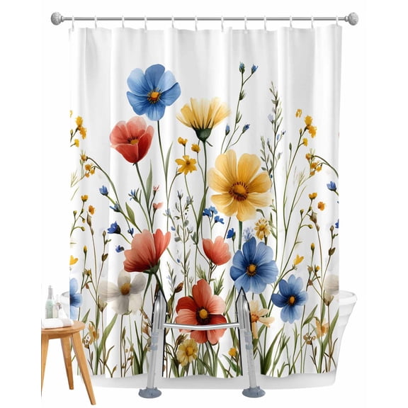 Split Shower Curtain for Transfer Bench, Red Blue Yellow Spring Floral Fabric Shower Curtains for Bathroom, Blooming Summer Botanical Tub Sliding Transfer Bench Waterproof Bath Curtains 72"x72"