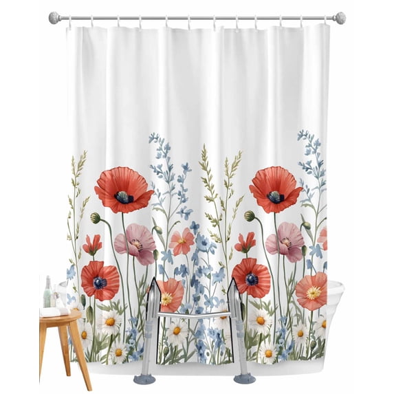 Split Shower Curtain for Transfer Bench, Red Flower Fabric Shower Curtains for Bathroom, Botanical Blue Plant Pink Garden Poppy Floral Tub Sliding Transfer Bench Waterproof Bath Curtains 72"x78"