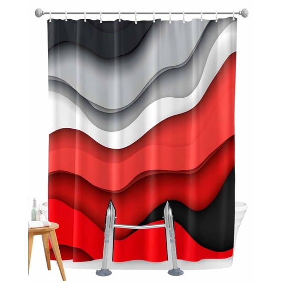 Split Shower Curtain for Transfer Bench, Red Grey Ombre Fabric Shower Curtains for Bathroom, Modern Abstract Moire Art Geometric Tub Sliding Transfer Bench Waterproof Bath Curtains 72"x84"