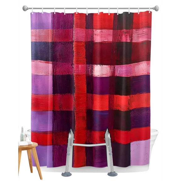 Split Shower Curtain for Transfer Bench, Red Purple Fabric Shower Curtains for Bathroom, Striped Plaid Modern Abstract Oil Painting Tub Sliding Transfer Bench Waterproof Bath Curtains 72"x72"