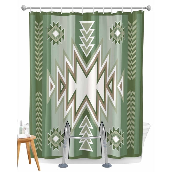 Split Shower Curtain for Transfer Bench, Sage Green Boho Fabric Shower Curtains for Bathroom, American Native Southwest Abstract Art Tub Sliding Transfer Bench Waterproof Bath Curtains 72"x96"
