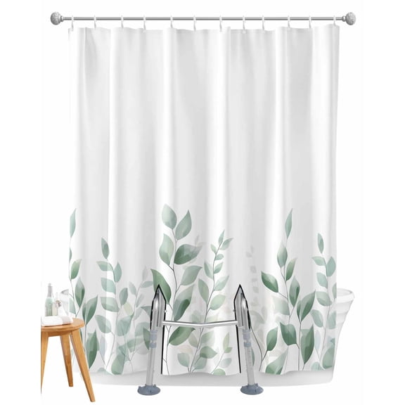 Split Shower Curtain for Transfer Bench, Sage Green Botanical Fabric Shower Curtains for Bathroom, Pastoral Leaf Watercolor Tub Sliding Transfer Bench Waterproof Bath Curtains 72"x96"