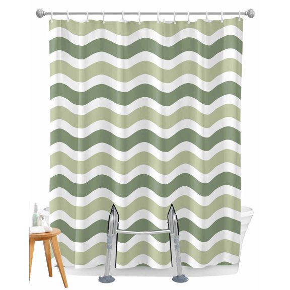 Split Shower Curtain for Transfer Bench, Sage Green Fabric Shower Curtains for Bathroom, Abstract Geometric Ocean Wave Stripe Tub Sliding Transfer Bench Waterproof Bath Curtains 72"x84"