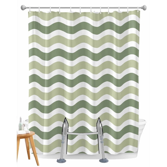 Split Shower Curtain for Transfer Bench, Sage Green Fabric Shower Curtains for Bathroom, Abstract Geometric Ocean Wave Stripe Tub Sliding Transfer Bench Waterproof Bath Curtains 72"x72"