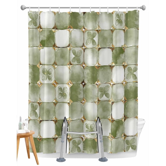 Split Shower Curtain for Transfer Bench, Sage Green Geometric Fabric Shower Curtains for Bathroom, Modern Abstract Art Botanical Tub Sliding Transfer Bench Waterproof Bath Curtains 72"x72"