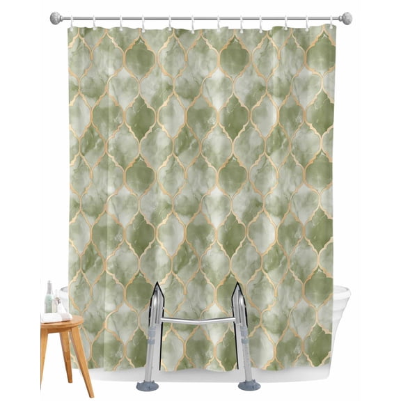 Split Shower Curtain for Transfer Bench, Sage Green Geometric Fabric Shower Curtains for Bathroom, Modern Morocco Abstract Art Tub Sliding Transfer Bench Waterproof Bath Curtains 72"x72"