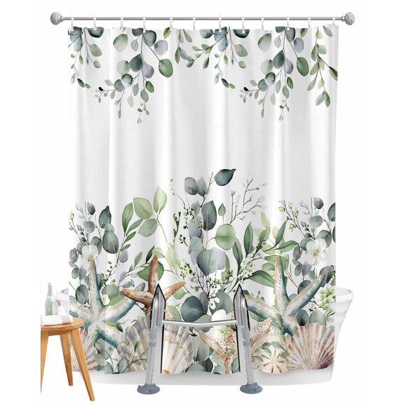 Split Shower Curtain for Transfer Bench, Sage Green Ocean Fabric Shower Curtains for Bathroom, Coastal Eucalyptus Starfish Shell Tub Sliding Transfer Bench Waterproof Bath Curtains 72"x72"