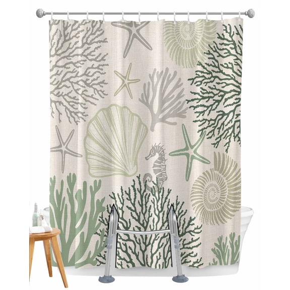 Split Shower Curtain for Transfer Bench, Sage Green Ocean Fabric Shower Curtains for Bathroom, Coastal Grey Coral Starfish Shell Tub Sliding Transfer Bench Waterproof Bath Curtains 72"x72"
