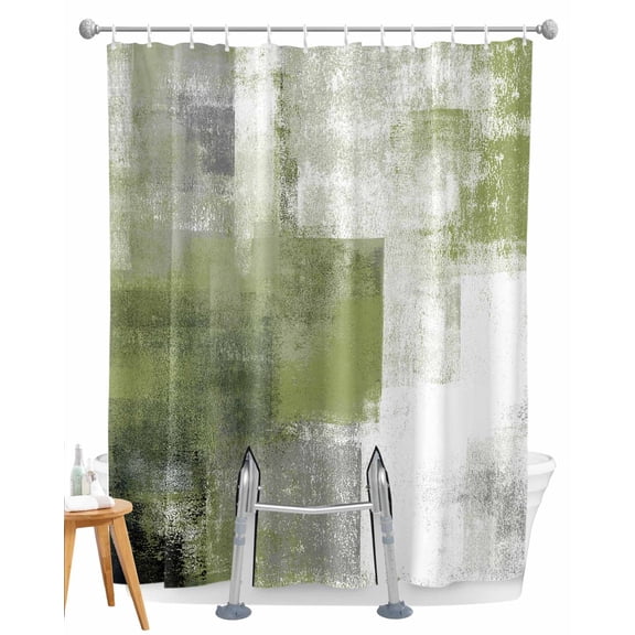 Split Shower Curtain for Transfer Bench, Sage Green Ombre Fabric Shower Curtains for Bathroom, Vintage Shabby Abstract Plaid Art Tub Sliding Transfer Bench Waterproof Bath Curtains 72"x72"
