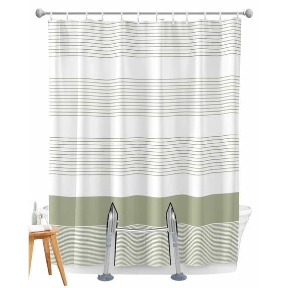 Split Shower Curtain for Transfer Bench, Sage Green Stripe Fabric Shower Curtains for Bathroom, Modern Rustic Horizontal Green Striped Tub Sliding Transfer Bench Waterproof Bath Curtains 72"x78"