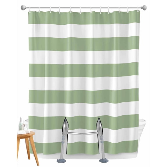 Split Shower Curtain for Transfer Bench, Sage Green Striped Fabric Shower Curtains for Bathroom, Farmhouse Sage Green Stripes Tub Sliding Transfer Bench Waterproof Bath Curtains 72"x96"