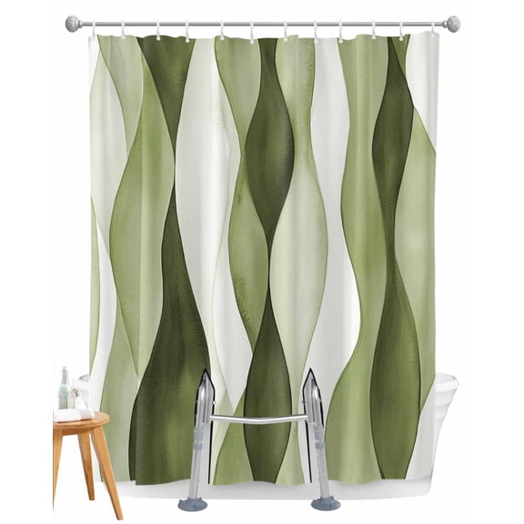 Split Shower Curtain for Transfer Bench, Sage Green Stripes Fabric Shower Curtains for Bathroom, Retro Farmhouse Abstract Ripple Tub Sliding Transfer Bench Waterproof Bath Curtains 72"x96"