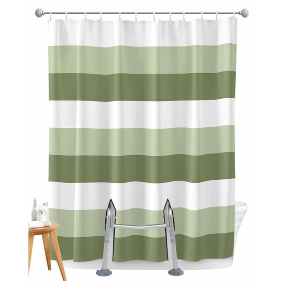 Split Shower Curtain for Transfer Bench, Sage Green White Striped Fabric Shower Curtains for Bathroom, Farmhouse Stripes Tub Sliding Transfer Bench Waterproof Bath Curtains 72"x96"