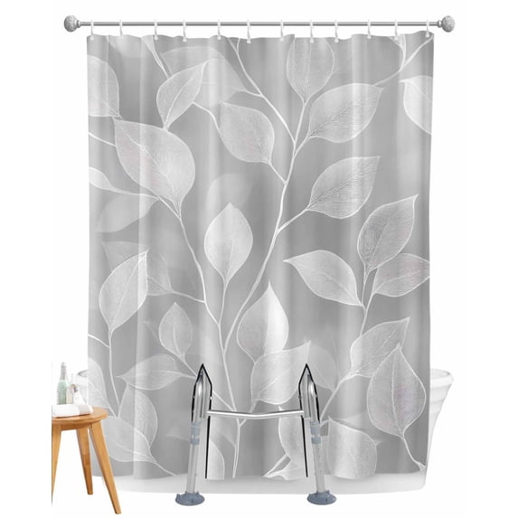 Split Shower Curtain for Transfer Bench, Silver Gray Leaves Fabric Shower Curtains for Bathroom, Vintage Abstract Branch Botanical Tub Sliding Transfer Bench Waterproof Bath Curtains 72"x96"