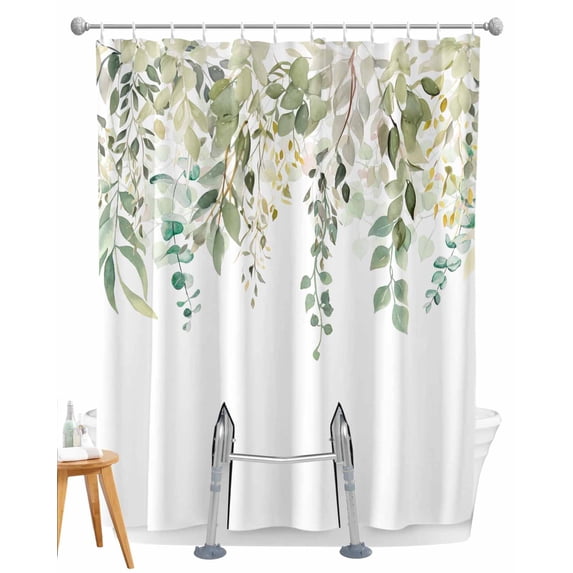 Split Shower Curtain for Transfer Bench, Spring Botanical Fabric Shower Curtains for Bathroom, Teal Eucalyptus Leaves Watercolor Tub Sliding Transfer Bench Waterproof Bath Curtains 72"x78"