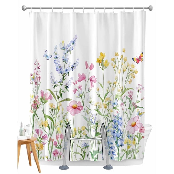 Split Shower Curtain for Transfer Bench, Spring Floral Fabric Shower Curtains for Bathroom, Colorful Watercolor Botanical Summer Tub Sliding Transfer Bench Waterproof Bath Curtains 72"x72"