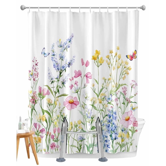 Split Shower Curtain for Transfer Bench, Spring Floral Fabric Shower Curtains for Bathroom, Colorful Watercolor Botanical Summer Tub Sliding Transfer Bench Waterproof Bath Curtains 72"x72"