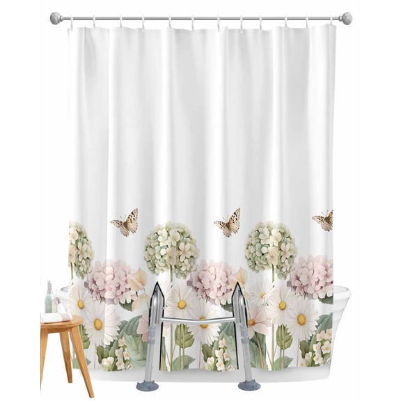 Split Shower Curtain for Transfer Bench, Spring Floral Fabric Shower Curtains for Bathroom, Farmhouse Flower Summer Botanical White Tub Sliding Transfer Bench Waterproof Bath Curtains 72"x72"