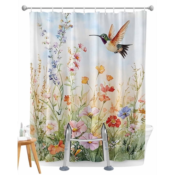Split Shower Curtain for Transfer Bench, Spring Floral Fabric Shower Curtains for Bathroom, Hummingbird Summer Botanical Watercolor Tub Sliding Transfer Bench Waterproof Bath Curtains 72"x72"