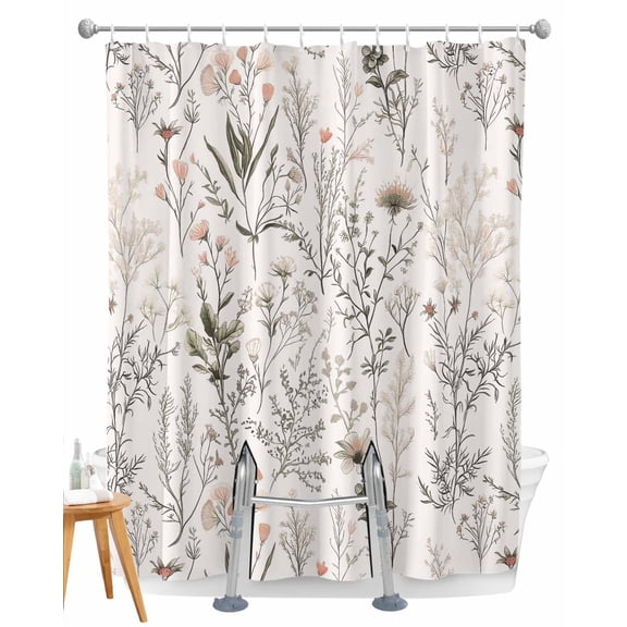 Split Shower Curtain for Transfer Bench, Spring Floral Fabric Shower Curtains for Bathroom, Vintage Botanical Watercolor Elegant Tub Sliding Transfer Bench Waterproof Bath Curtains 72"x72"