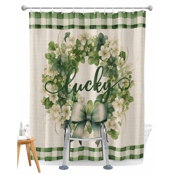 Split Shower Curtain for Transfer Bench, St. Patrick's Day Fabric Shower Curtains for Bathroom, Watercolor Leaves Floral Plaid Wreath Tub Sliding Transfer Bench Waterproof Bath Curtains 72"x84"