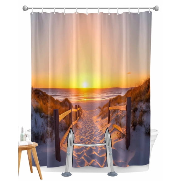 Split Shower Curtain for Transfer Bench, Summer Beach Fabric Shower Curtains for Bathroom, Sunset Nautical Ocean Sea Tub Sliding Transfer Bench Waterproof Bath Curtains 72"x72"