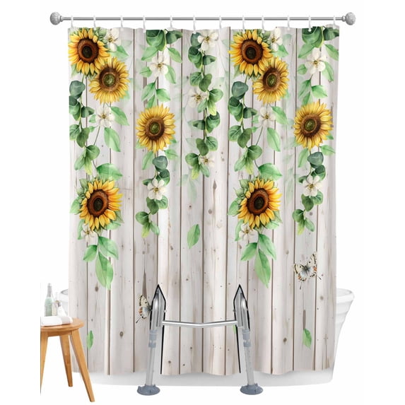 Split Shower Curtain for Transfer Bench, Sunflower Fabric Shower Curtains for Bathroom, Green Botanical Summer Spring Vintage Tub Sliding Transfer Bench Waterproof Bath Curtains 72"x72"