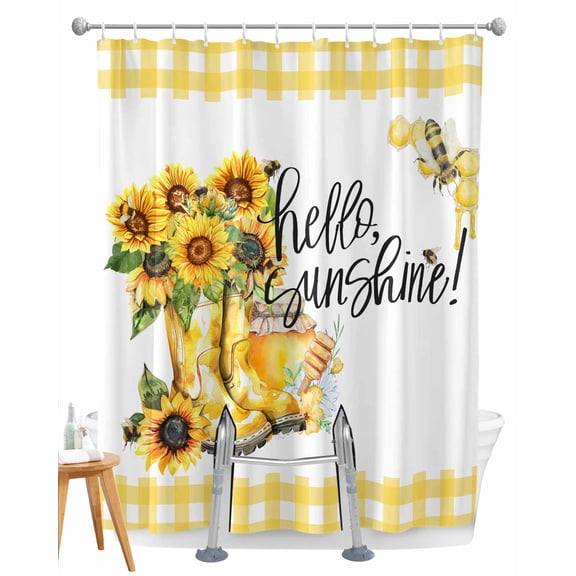 Split Shower Curtain for Transfer Bench, Sunflower Fabric Shower Curtains for Bathroom, Yellow Plaid Watercolor Bee Floral Tub Sliding Transfer Bench Waterproof Bath Curtains 72"x72"