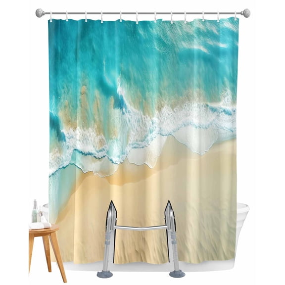 Split Shower Curtain for Transfer Bench, Teal Beach Fabric Shower Curtains for Bathroom, Summer Ocean Coastal Nautical Seaside Tub Sliding Transfer Bench Waterproof Bath Curtains 72"x72"