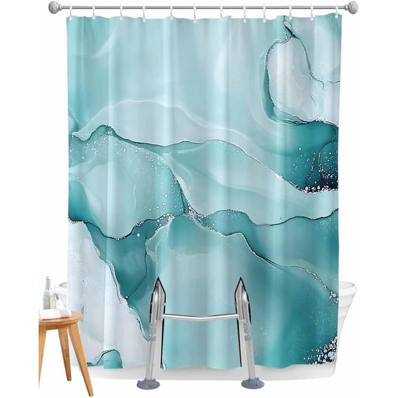 Split Shower Curtain for Transfer Bench, Teal Blue Marble Waterproof Fabric Shower Curtain, Marble Crack Lines Modern Art Tub Sliding Transfer Bench Shower Curtains for Bathroom 72'''' x 84''''