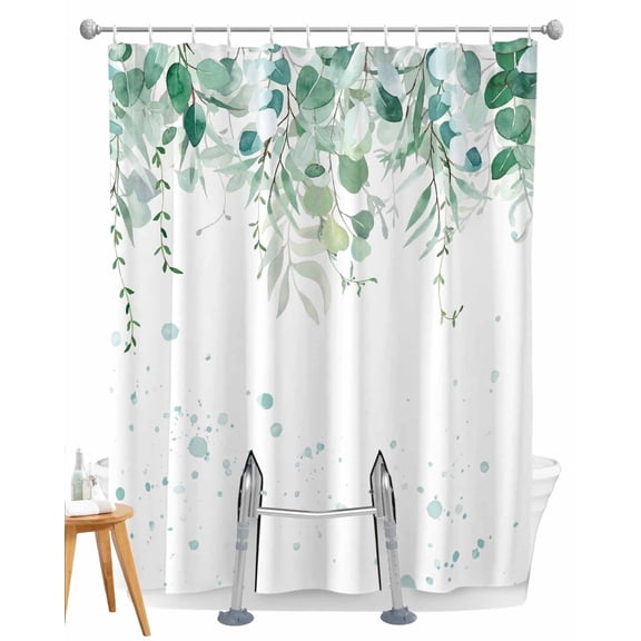 Split Shower Curtain for Transfer Bench, Teal Botanical Fabric Shower Curtains for Bathroom, Spring Weeping Eucalyptus Leaves Tub Sliding Transfer Bench Waterproof Bath Curtains 72"x72"