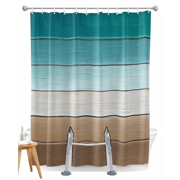 Split Shower Curtain for Transfer Bench, Teal Brown Fabric Shower Curtains for Bathroom, Rustic Vintage Abstract Ombre Wooden Plank Tub Sliding Transfer Bench Waterproof Bath Curtains 72"x72"
