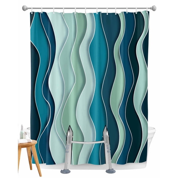 Split Shower Curtain for Transfer Bench, Teal Ombre Fabric Shower Curtains for Bathroom, Abstract Art Moire Ocean Waves Tub Sliding Transfer Bench Waterproof Bath Curtains 72"x72"