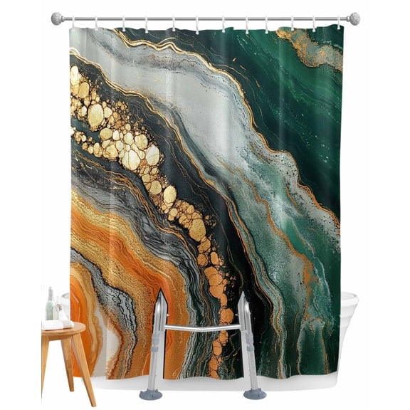 Split Shower Curtain for Transfer Bench, Teal Orange Marble Fabric Shower Curtains for Bathroom, Modern Ink Painting Striped Abstract Tub Sliding Transfer Bench Waterproof Bath Curtains 72"x72"