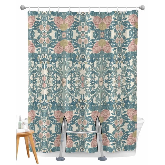 Split Shower Curtain for Transfer Bench, Teal Pink Fabric Shower Curtains for Bathroom, Vintage Floral Watercolor Boho Ethnic Tub Sliding Transfer Bench Waterproof Bath Curtains 72"x72"